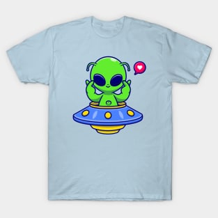 Cute Alien Riding UFO With Love Sign Cartoon T-Shirt